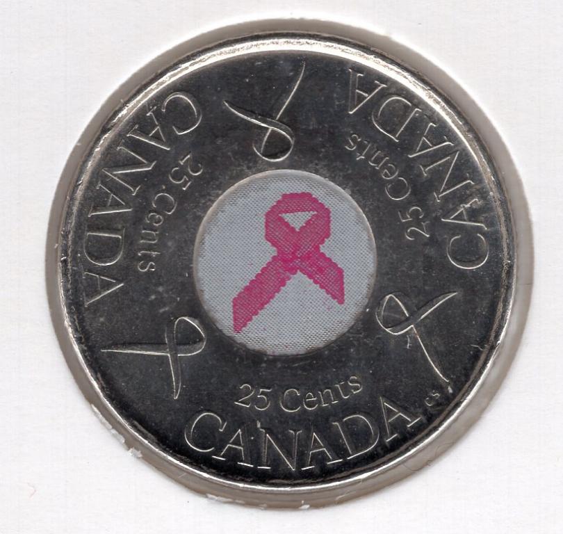 25 центов - Канада - 2006 - Цветная  ленточка - Борьба с раком - Наклейка - UNC