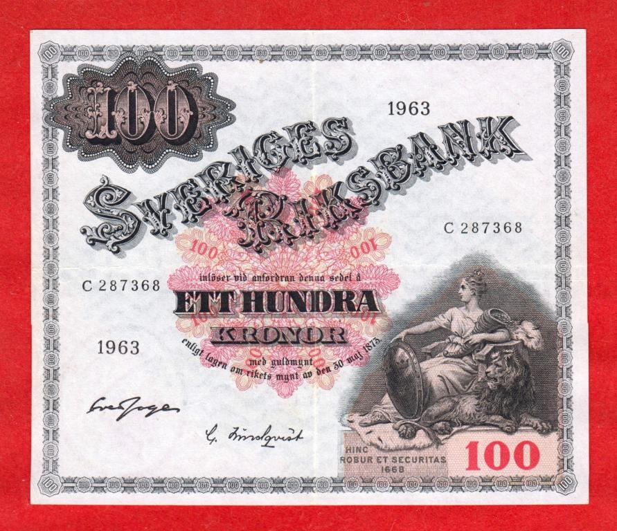 Швеция, 100 крон, 1963, XF-, C 287368, РЕДКИЕ