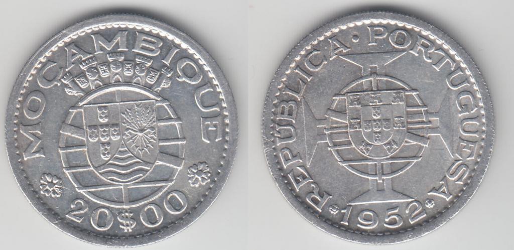 Мозамбик 20 эскудо 1952 серебро хорошая