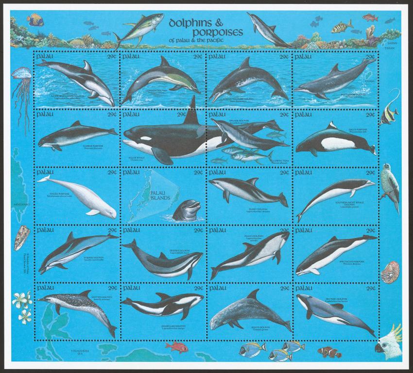 Палау 1991 Mi# 444-63** МОРСКАЯ ФАУНА, ДЕЛЬФИНЫ