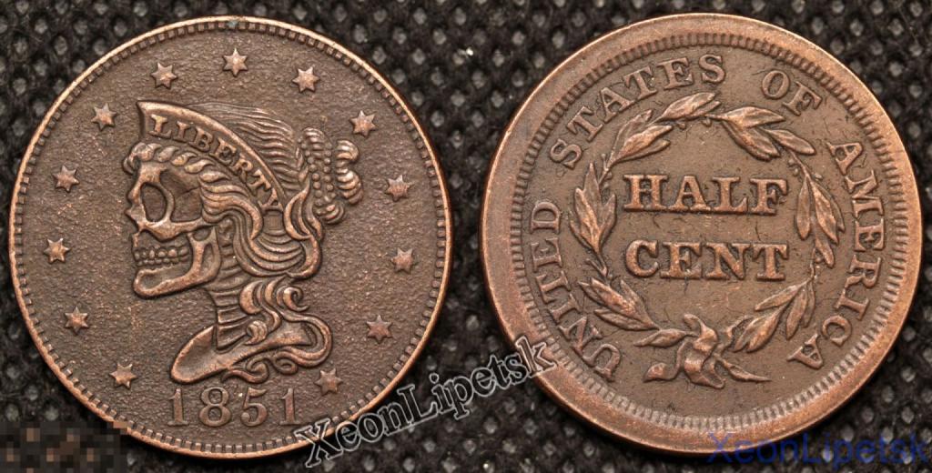 1/2 цента (полцента) 1851 года США Череп Копия хобо-монеты медь патина
