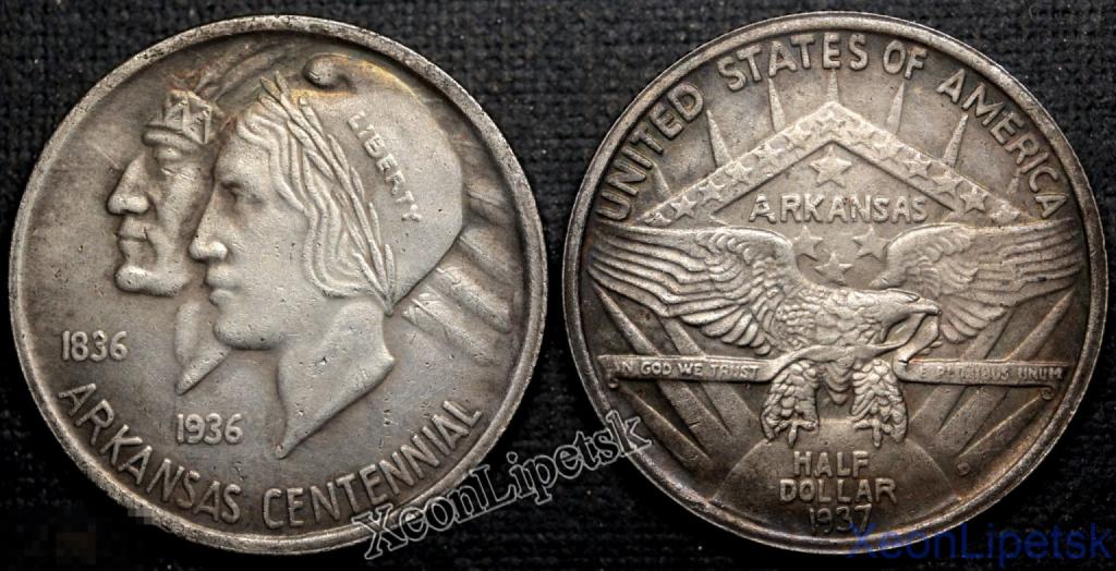 50 центов Полдоллара 1937 года США 100 лет штату Арканзас копия посеребрение