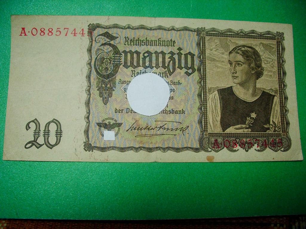 Германия. 20 рейхсмарок 1939 года. Эдельвейс. Оригинал. Хорошее коллекционное состояние!