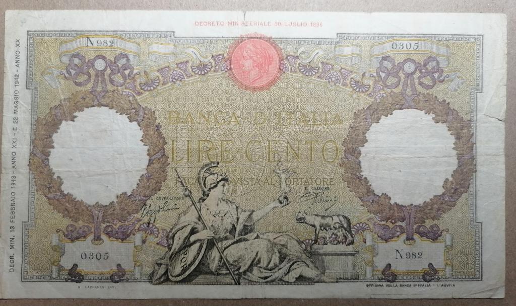 Италия 100 лир 1942 год   1943  P# 60   редкая