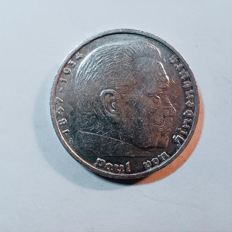 5 марок, рейхсмарок 1939 , Серебро , Оригинал, Люкс, МД А,