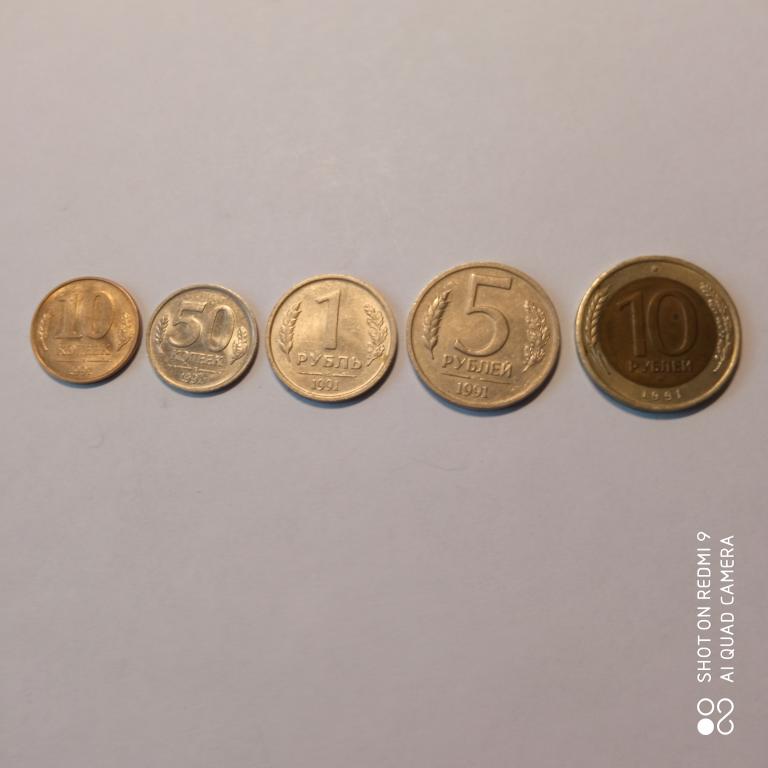 10, 50 копеек, 1, 5, 10 рублей 1991 г.   Хорошее состояние!