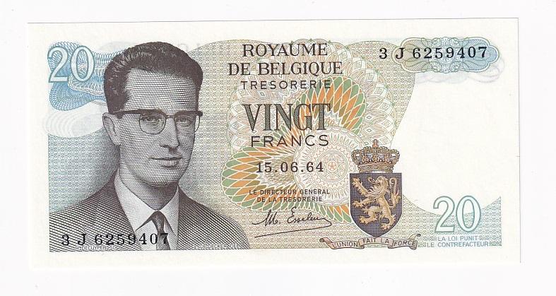 Бельгия Банкнота 20 франков 1964 год Серия 3J UNC (41224)