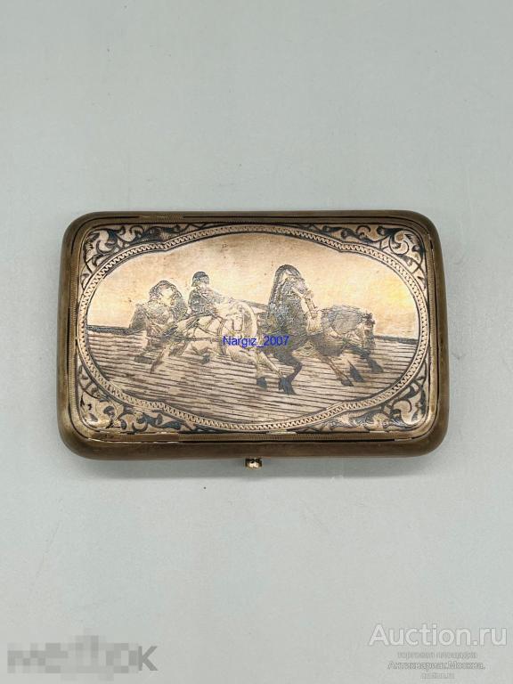 Портсигар РУССКАЯ ТРОЙКА Серебро 84 проба Чернь
