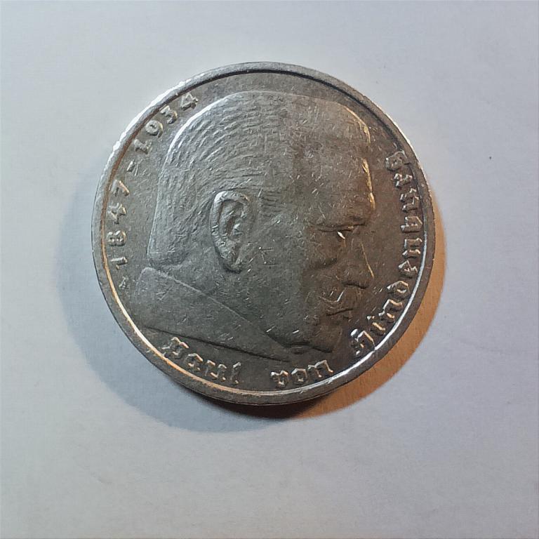 5 марок, рейхсмарок 1935 , Серебро, Сохран, Гинденбург, МД А,