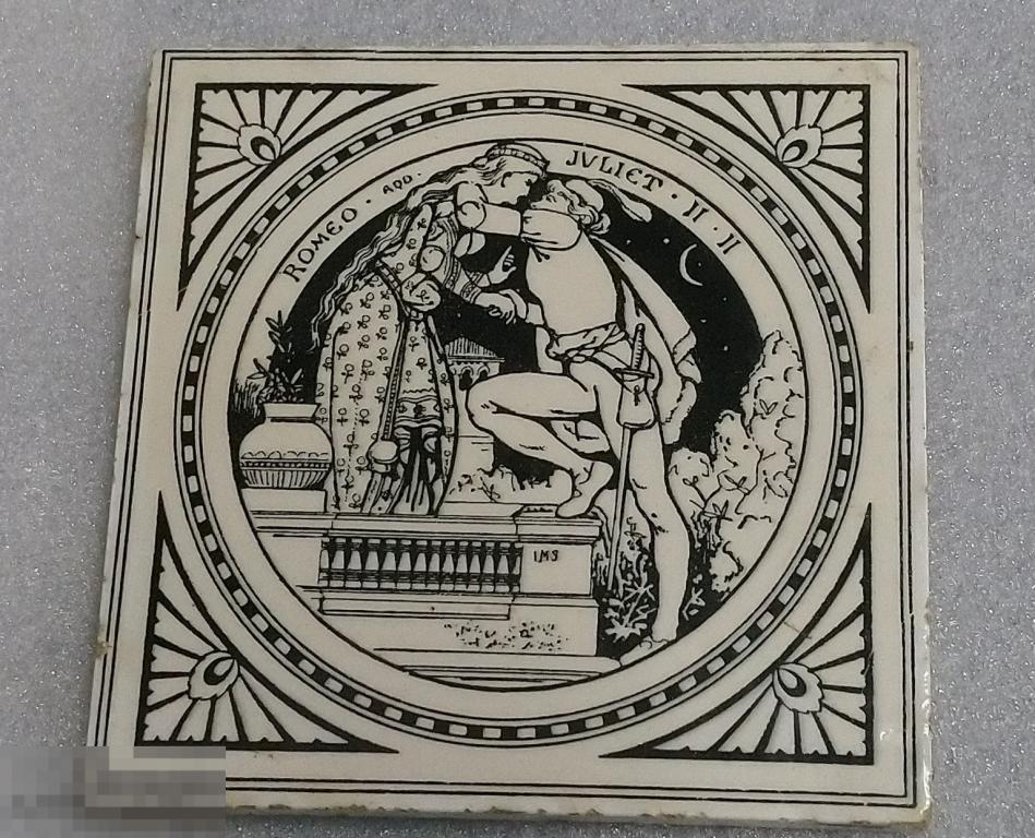 1872 г Старинная керамическая плитка Ромео и Джульетта Mintons Англия  John Moyr Smith