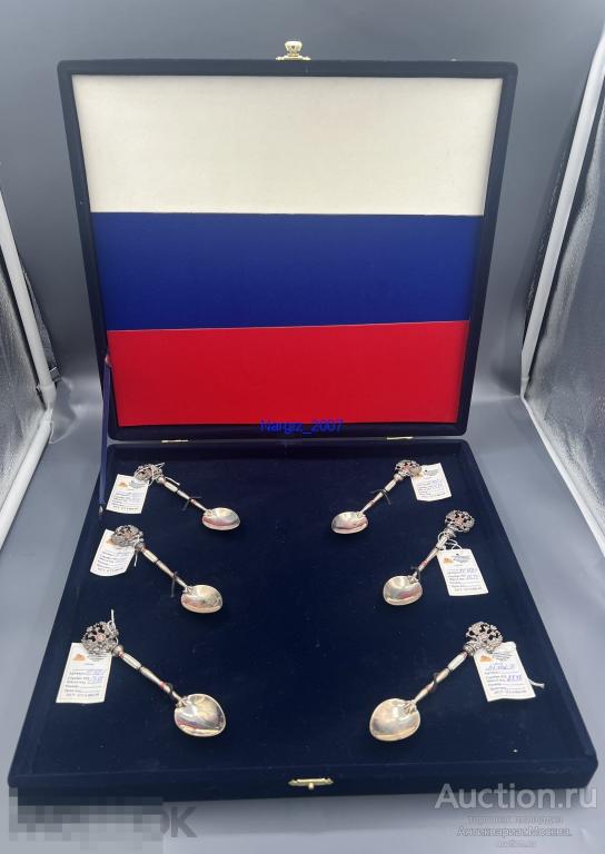 Серебряная ложка Гербовая 925 проба Эмаль 6 шт Новые