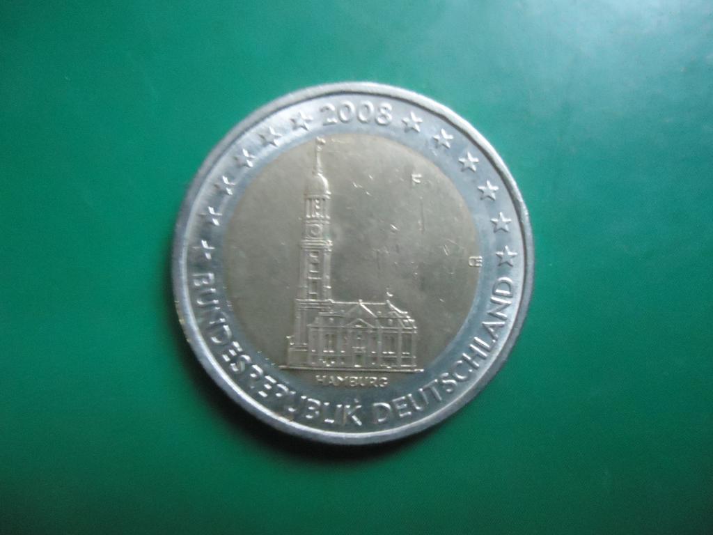 2008 г.  Германия  2 Евро  юбилейные  биметалл  Гамбург  двор  F.