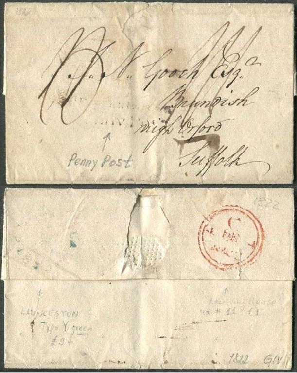 Великобритания 1822 George IV Англия Launceston домарочное письмо Penny Post