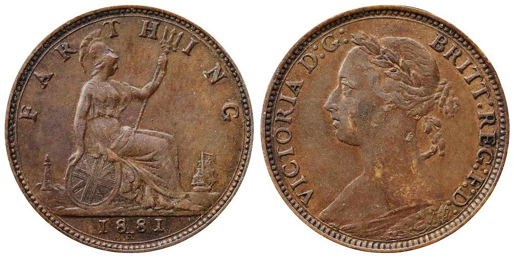 ВЕЛИКОБРИТАНИЯ 1 фартинг 1881H Королева Виктория ННР XF Det.