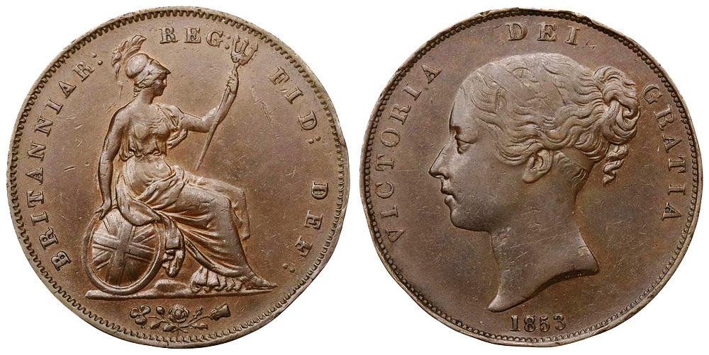 ВЕЛИКОБРИТАНИЯ 1 пенни 1853 Королева Виктория ННР XF45BN