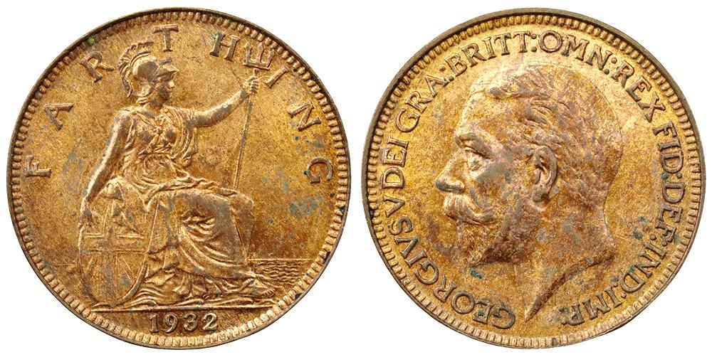 ВЕЛИКОБРИТАНИЯ 1 фартинг 1932 Георг V ННР MS62RB
