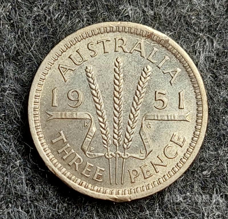 Австралия  3 пенса 1951. Серебро 500.