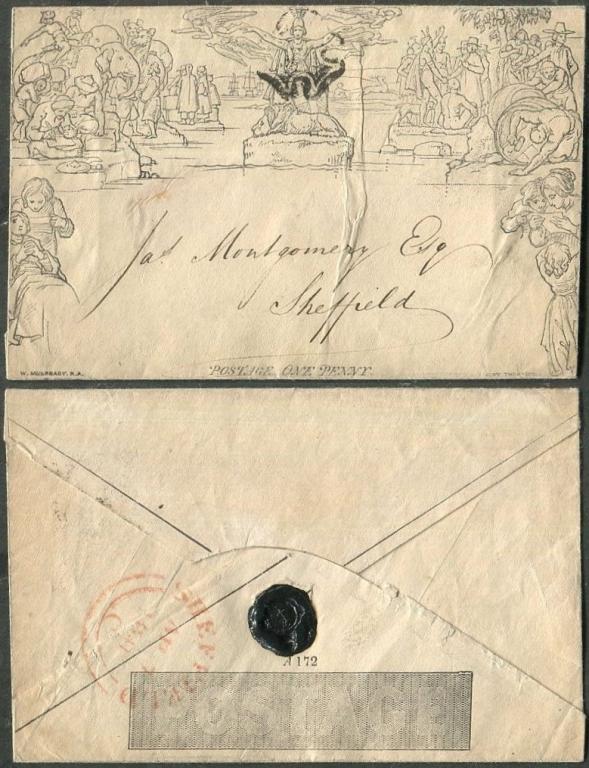 Великобритания 1841 конверт Малреди 1 пенни Англия Шеффилд Sheffield Mulready stationery (кц £450)