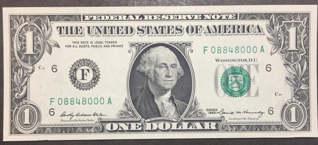 1 доллар 1969 год  F 08848000 A США пресс красивый номер