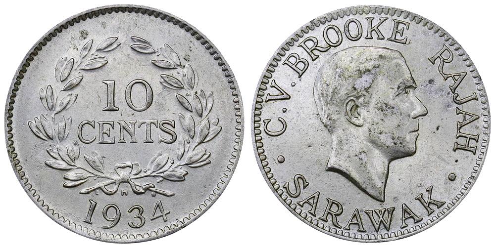 САРАВАК 10 цент 1934 H Чарльз Вайнер Брук ННР AU Det.
