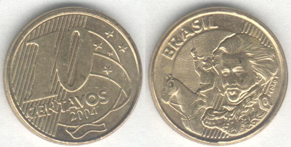 Монета Бразилия 10 сентаво 2004 г. XF+
