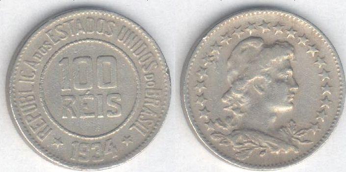 Монета Бразилия 100 рейсов 1934 г. VF-