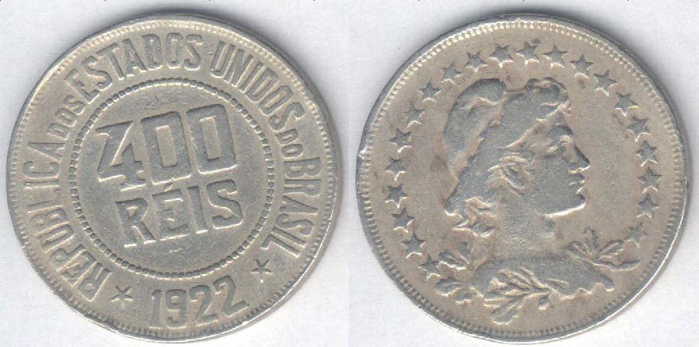 Монета Бразилия 400 рейсов 1922 г. F
