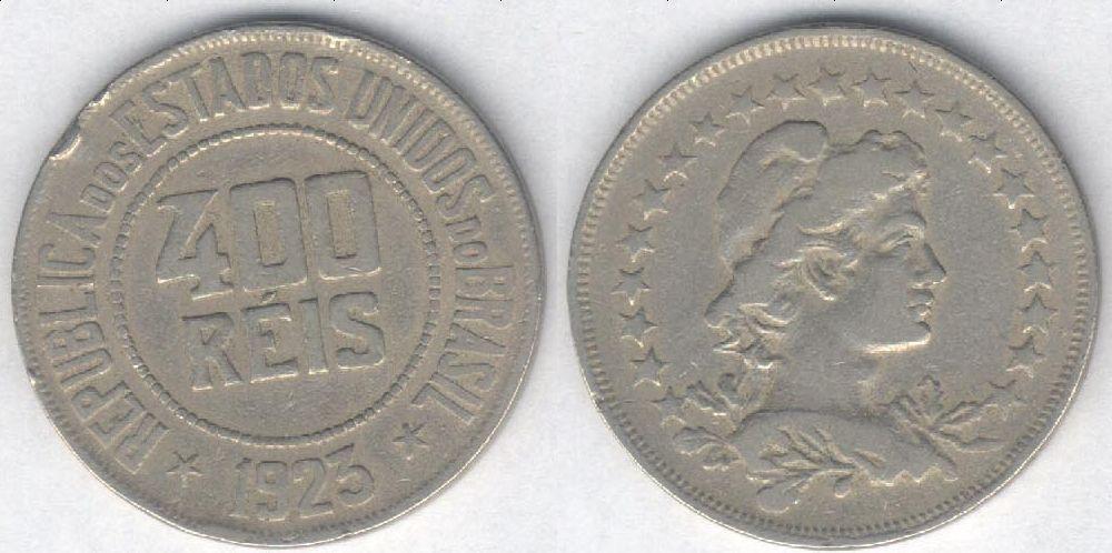 Монета Бразилия 400 рейсов 1923 г. F