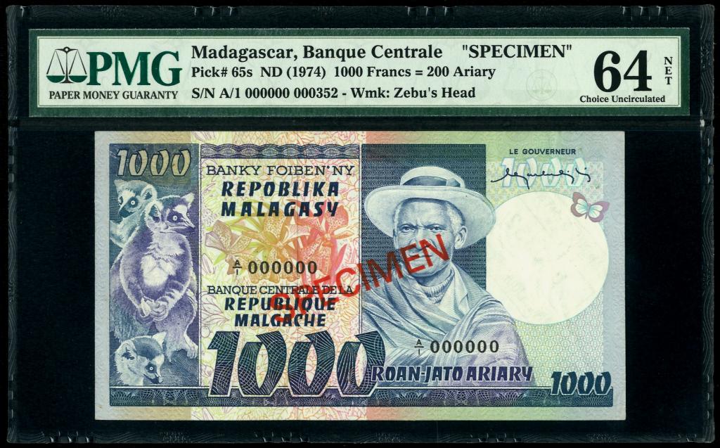 Мадагаскар. 1 000 франков / 200 ариари 1974 г. Образец.