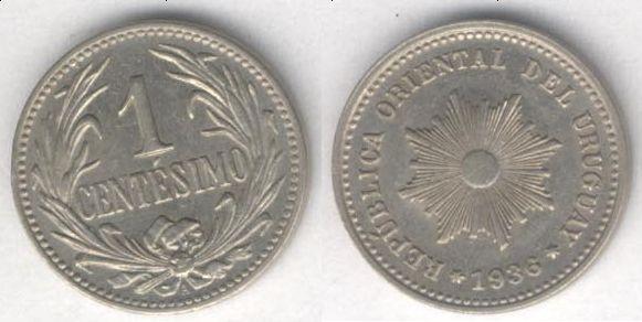 Монета Уругвай 1 сентесимо 1936 г. XF+