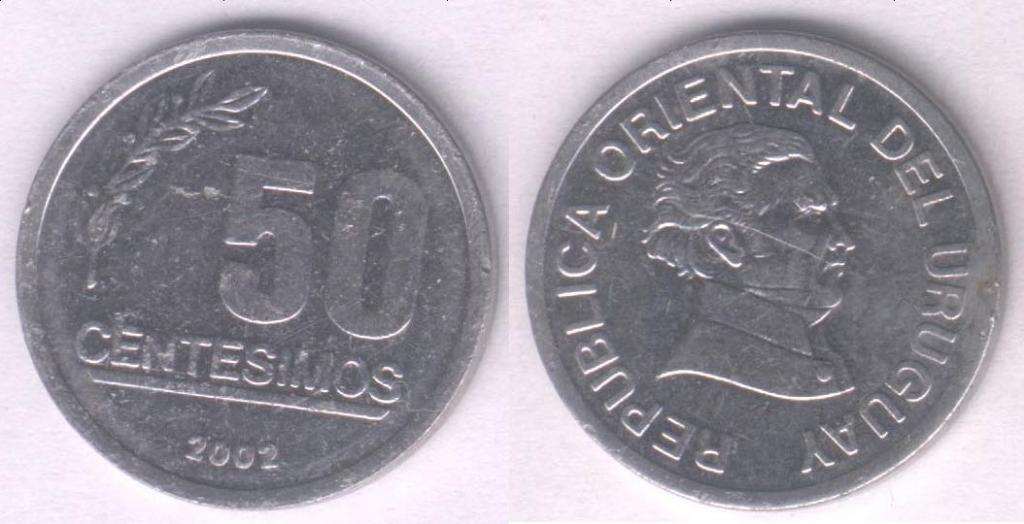 Монета Уругвай 50 сентесимо 2002 г. VF+
