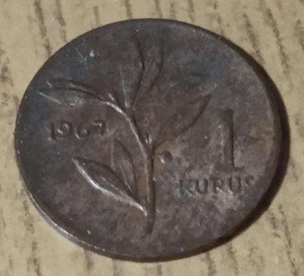 Турция один 1 куруш 1967 год монета.