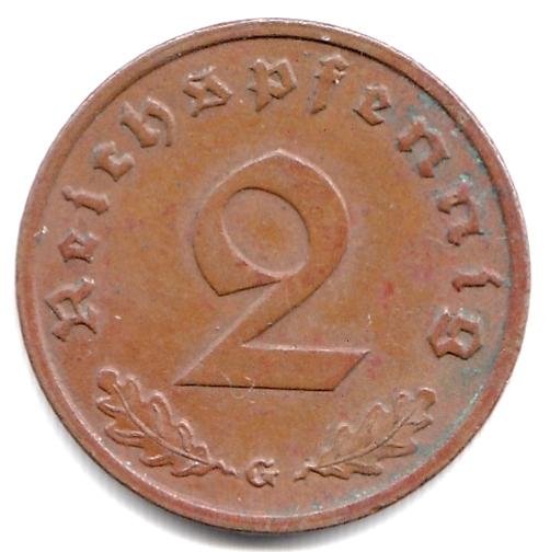 Третий Рейх 2 пфеннига (рейхспфеннига) 1938 G - Оригинал, Отличная, Нечастая