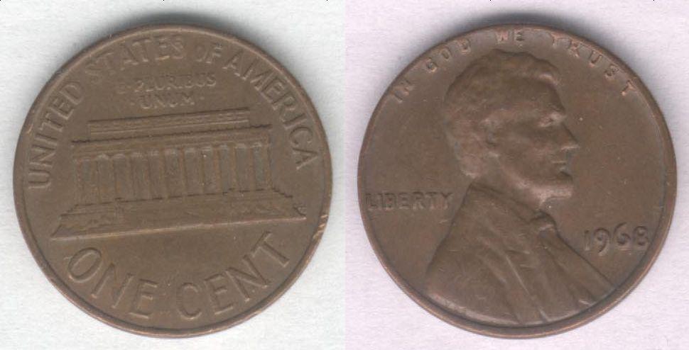 Монета США 1 цент 1968 г. VF