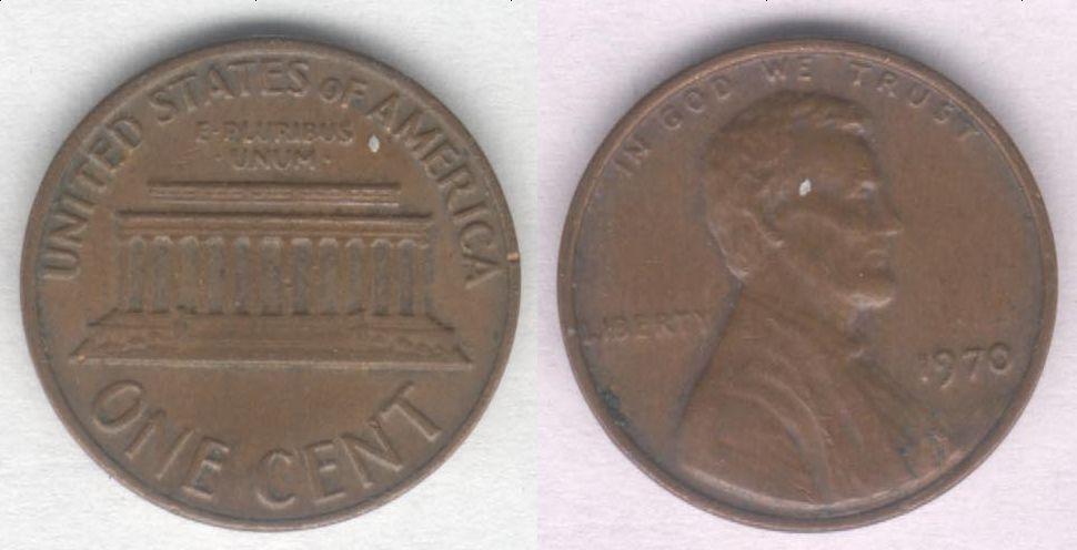 Монета США 1 цент 1970 г. VF