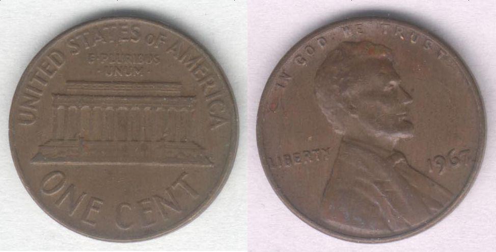 Монета США 1 цент 1967 г. VF
