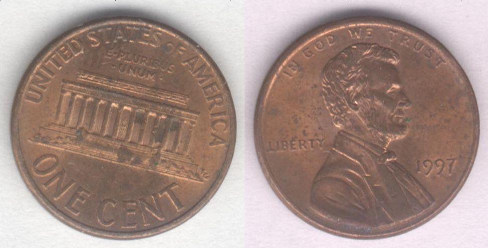 Монета США 1 цент 1997 г. XF