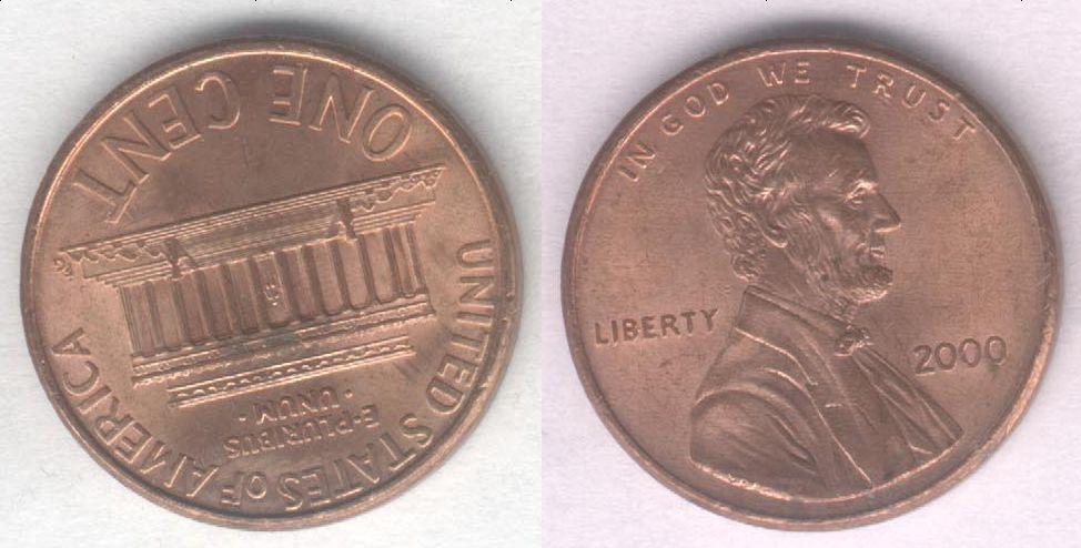 Монета США 1 цент 2000 г. XF+
