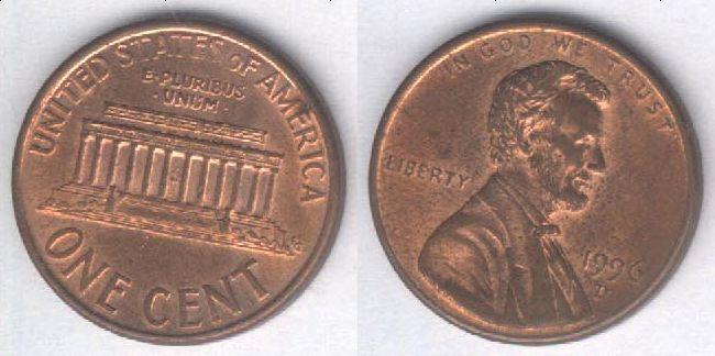 Монета США 1 цент 1996 D г. XF