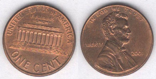 Монета США 1 цент 2001 г. XF+
