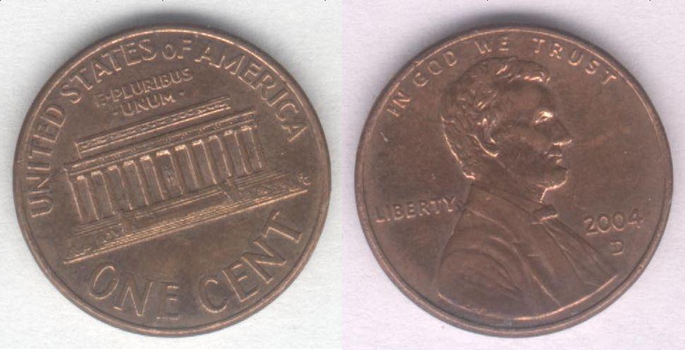 Монета США 1 цент 2004 D г. XF