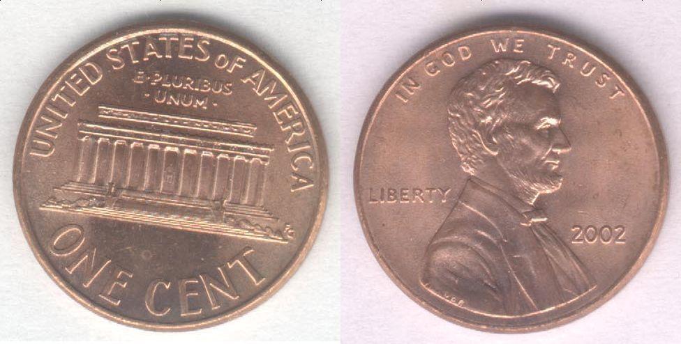 Монета США 1 цент 2002 г. XF+