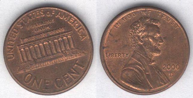 Монета США 1 цент 2000 D г. XF