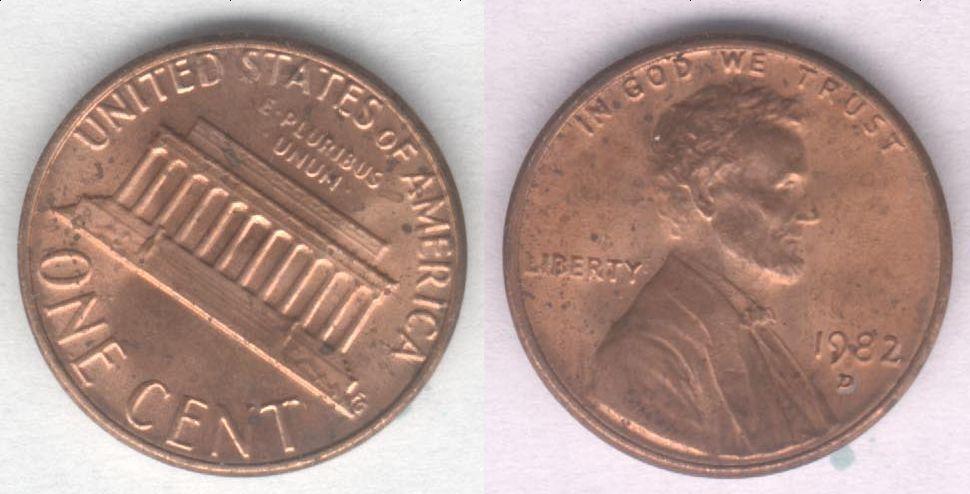 Монета США 1 цент 1982 D г. XF+