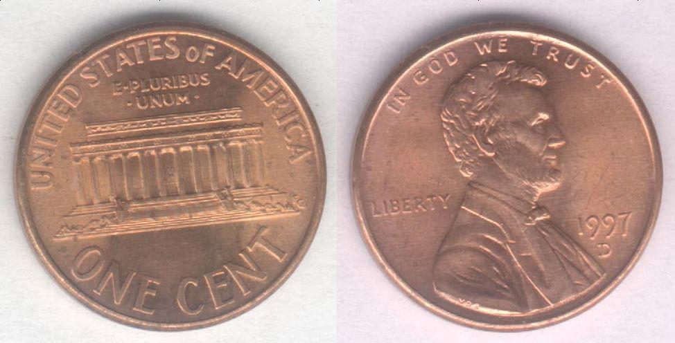 Монета США 1 цент 1997 D г. XF+