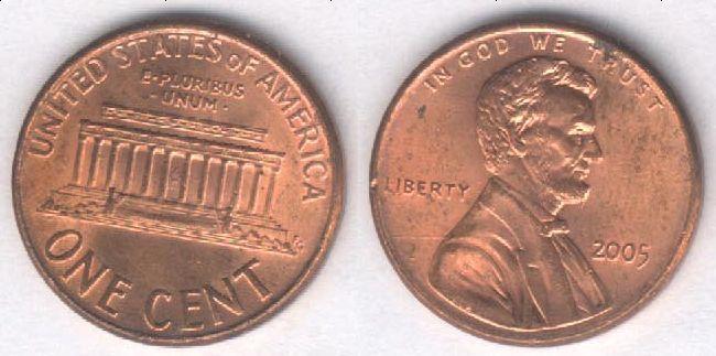 Монета США 1 цент 2005 г. XF+