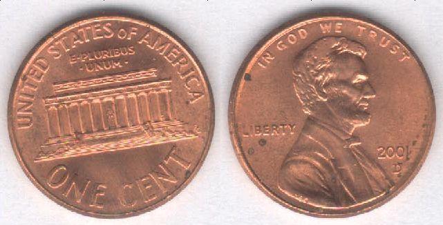 Монета США 1 цент 2001 D г. XF+