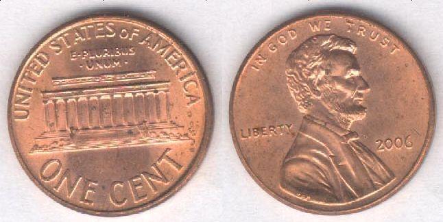 Монета США 1 цент 2006 г. XF+