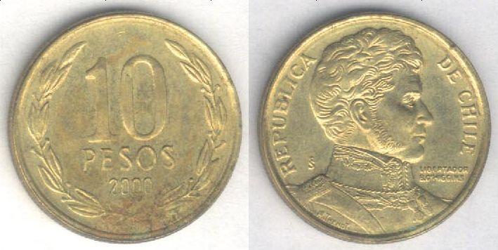 Монета Чили 10 песо 2000 г. XF-