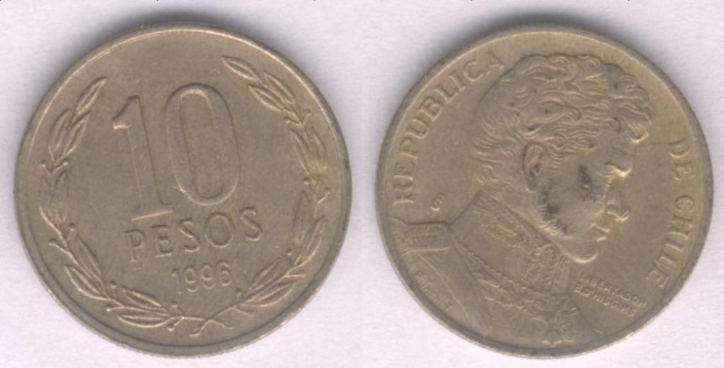 Монета Чили 10 песо 1996 г. VF